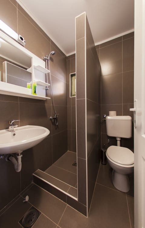 Quadruple Room | Bathroom | Shower, free toiletries, hair dryer, towels