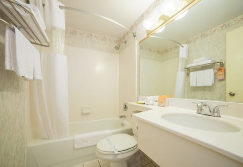 Combined shower/tub, free toiletries, hair dryer, towels