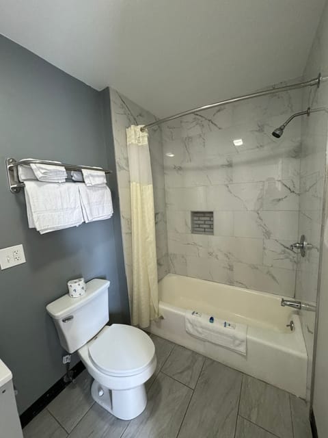 Combined shower/tub, hair dryer, towels