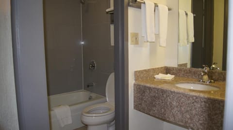 Combined shower/tub, towels, soap, shampoo