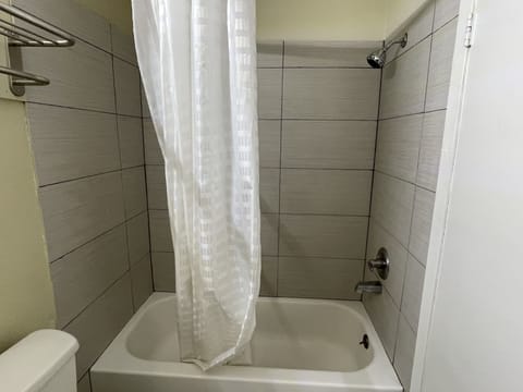 Combined shower/tub, free toiletries, hair dryer, towels