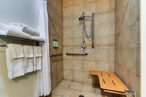 Combined shower/tub, free toiletries, hair dryer, towels