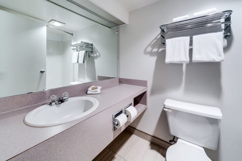 Combined shower/tub, free toiletries, hair dryer, towels