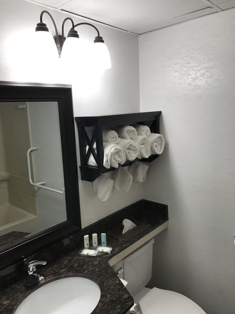 Combined shower/tub, deep soaking tub, free toiletries, hair dryer