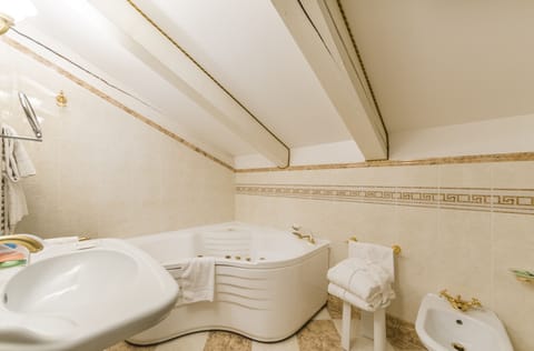 Combined shower/tub, free toiletries, hair dryer, bidet