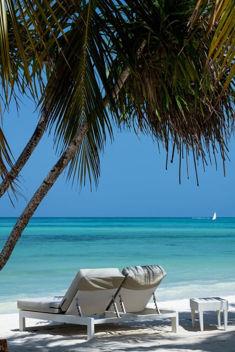 On the beach, white sand, beach cabanas, sun loungers