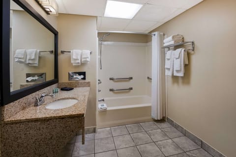 Standard Room, 2 Queen Beds, Accessible, Bathtub | Bathroom | Combined shower/tub, deep soaking tub, free toiletries, hair dryer