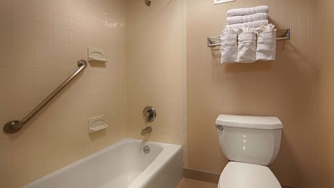 Combined shower/tub, free toiletries, hair dryer, towels