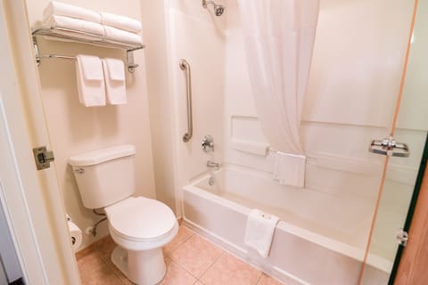 Combined shower/tub, free toiletries, hair dryer, towels