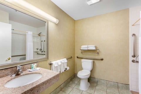 Accessible Room, 2 Queen Beds, Roll-In Shower, Non Smoking | Bathroom | Combined shower/tub, free toiletries, hair dryer, towels