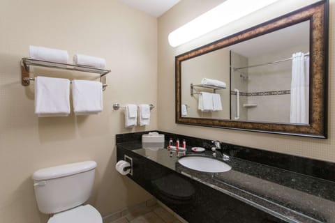 Combined shower/tub, free toiletries, hair dryer, towels