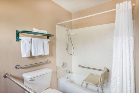 Combined shower/tub, free toiletries, hair dryer, towels