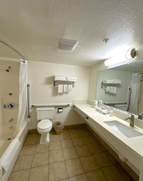 Combined shower/tub, free toiletries, hair dryer, towels