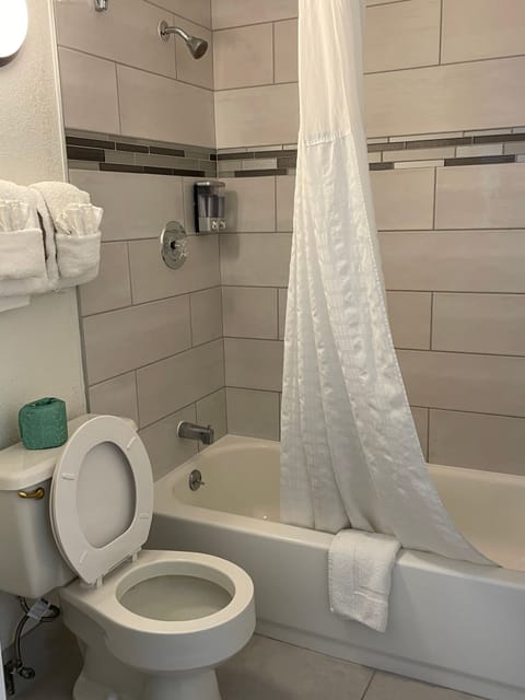 Combined shower/tub, free toiletries, hair dryer, towels