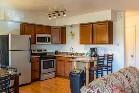 Deluxe Condo, 2 Bedrooms | Private kitchen | Full-size fridge, microwave, oven, stovetop