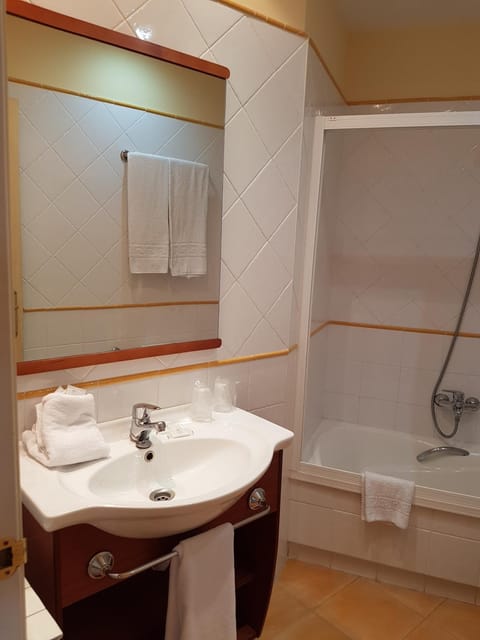 Combined shower/tub, free toiletries, hair dryer, towels