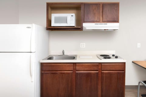 Full-size fridge, microwave, stovetop