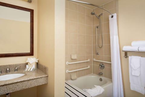 Combined shower/tub, free toiletries, hair dryer, towels