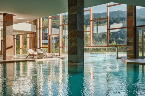 Indoor pool, outdoor pool, pool umbrellas, sun loungers