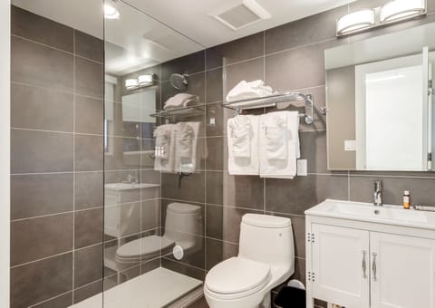 Shower, free toiletries, hair dryer, towels