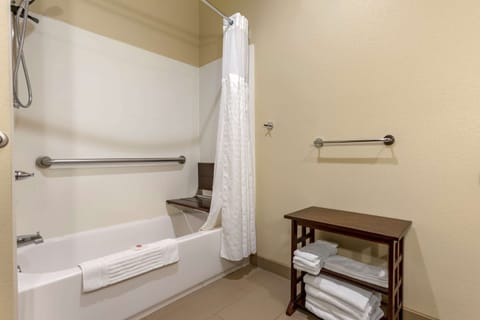 Combined shower/tub, hydromassage showerhead, hair dryer, towels