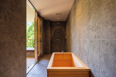 Presidential Suite with Open-Air Bath [Ten] | Bathroom | Separate tub and shower, spring water tub, hair dryer, bathrobes