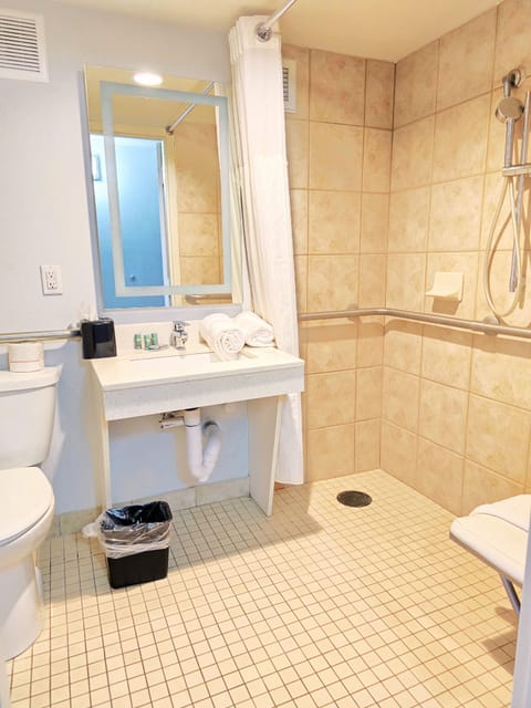 Combined shower/tub, free toiletries, hair dryer, towels