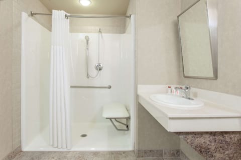 Combined shower/tub, deep soaking tub, free toiletries, hair dryer