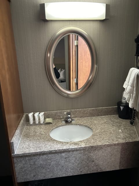 Combined shower/tub, free toiletries, hair dryer, towels