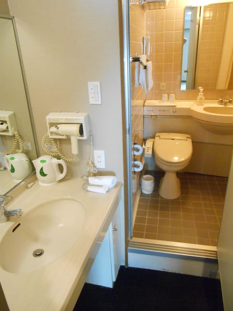 Combined shower/tub, deep soaking tub, free toiletries, hair dryer