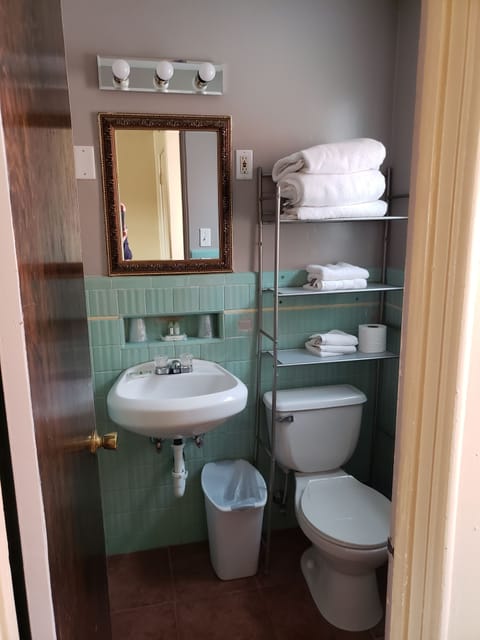 Combined shower/tub, free toiletries, towels