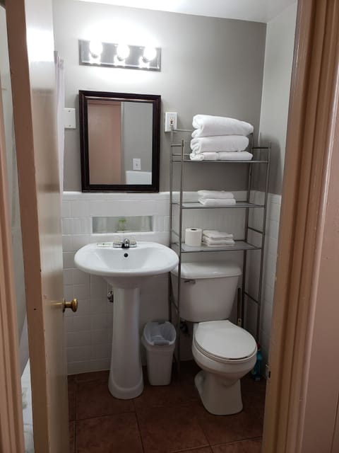 Combined shower/tub, free toiletries, towels