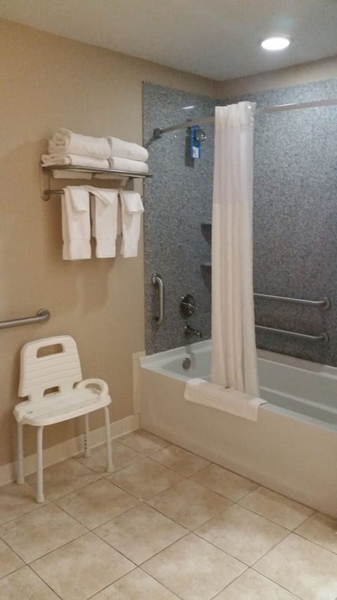 Combined shower/tub, free toiletries, hair dryer, towels