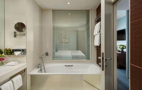 Separate tub and shower, eco-friendly toiletries, hair dryer, towels