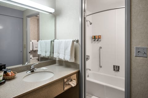 Combined shower/tub, free toiletries, hair dryer, towels