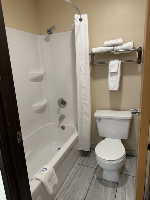 Combined shower/tub, hair dryer, towels