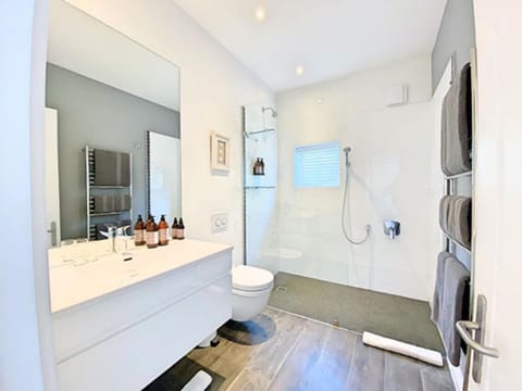 Shower, designer toiletries, hair dryer, bathrobes