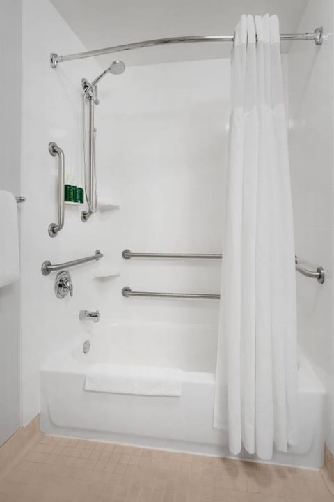 Combined shower/tub, free toiletries, hair dryer, towels