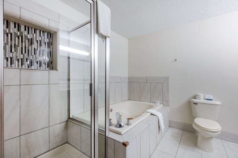 Combined shower/tub, free toiletries, hair dryer, towels