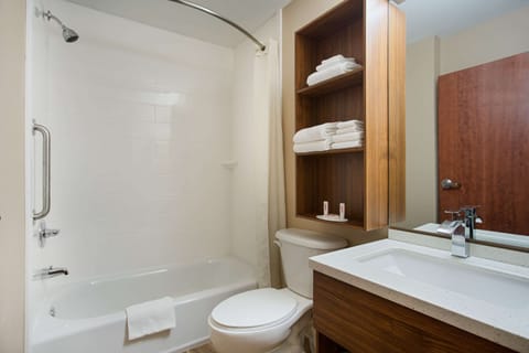 Combined shower/tub, free toiletries, hair dryer, towels