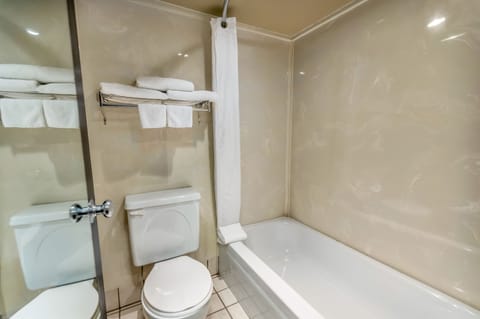 Combined shower/tub, free toiletries, hair dryer, towels