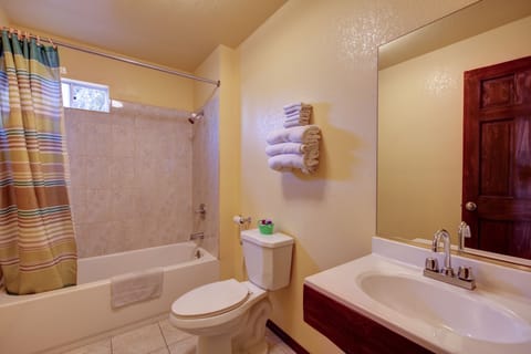 Combined shower/tub, free toiletries, hair dryer, towels