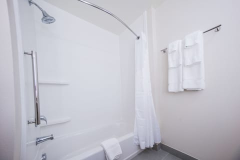 Combined shower/tub, free toiletries, hair dryer, towels