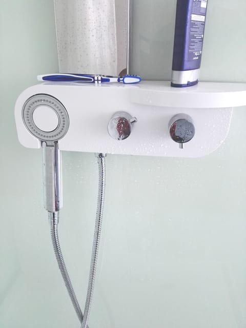 Shower, free toiletries, hair dryer, towels