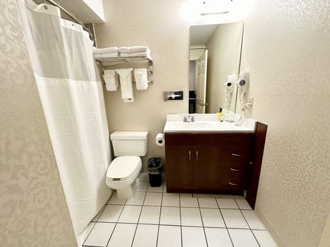 Combined shower/tub, free toiletries, hair dryer, towels