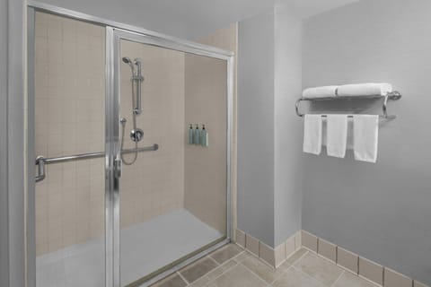 Combined shower/tub, free toiletries, hair dryer, towels