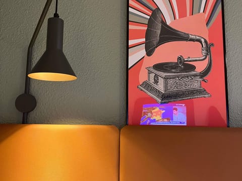 Desk, laptop workspace, blackout drapes, soundproofing