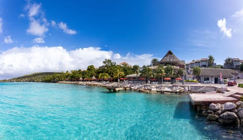 On the beach, sun loungers, beach umbrellas, scuba diving