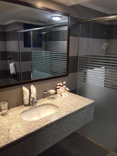 Combined shower/tub, deep soaking tub, free toiletries, hair dryer