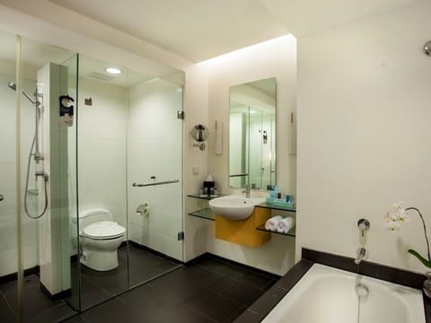 Junior Suite, 1 King Bed | Bathroom | Combined shower/tub, eco-friendly toiletries, hair dryer, bathrobes